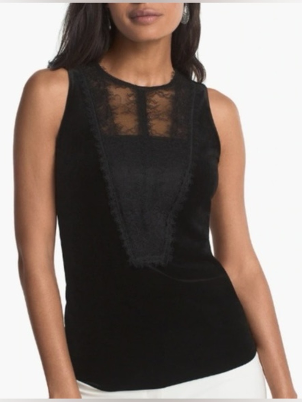 White House Black Market Black Velvet Top Lace Inset Sleeveless Party Glam Small